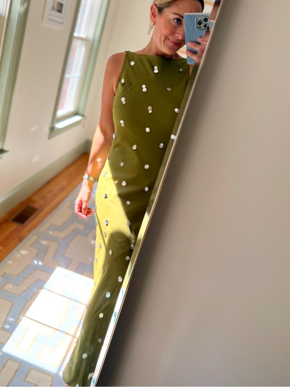 SAYLOR Olive Green Sleeveless Maxi Dress with White Dot Embellishments